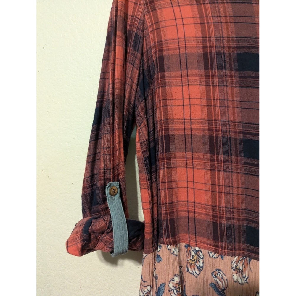Womens John Mark Mixed Media Plaid Floral Embroidered Button Down Top Red Med - Picture 8 of 15